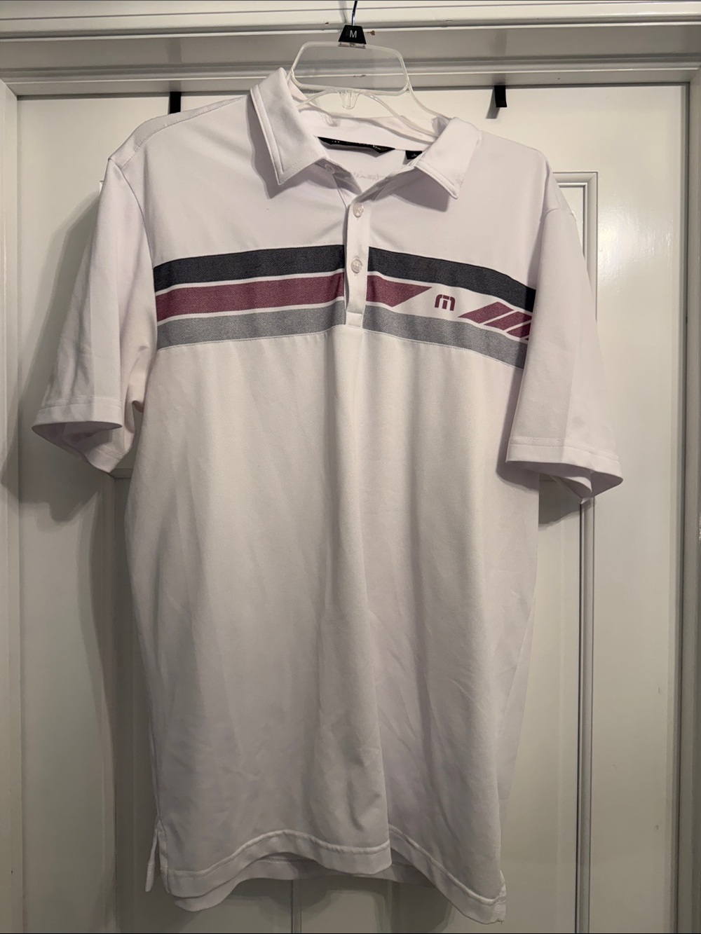 Travis Mathew White Polo with Maroon and Gray Chest Stripes